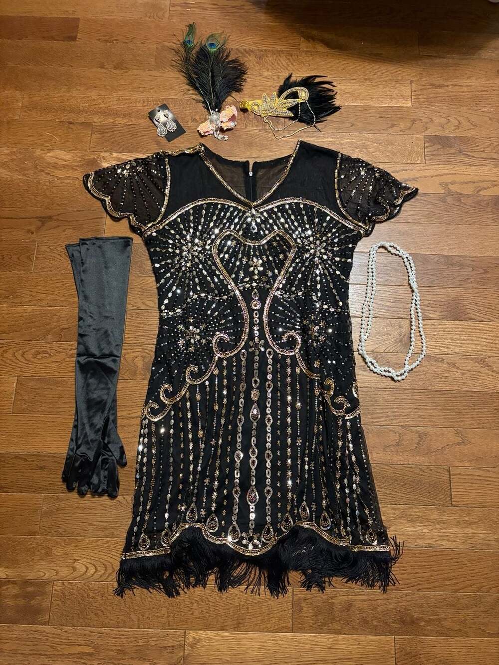 MITTE 1920s Flapper Costume (Black Gold, XL) Dress & Accessory Set